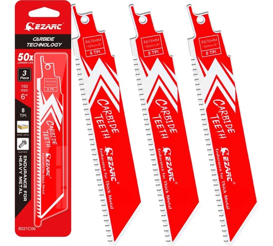 Изображение товара Полотна из карбида вольфрама по металлу, чугуну, легированной стали 8TPI 150 мм, 3 шт, для сабельной пилы Ezarc 8021C06
