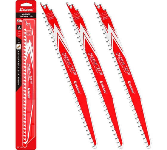 Изображение товара Полотна из карбида вольфрама по твердому дереву 3TPI 300 мм, 3 шт, для сабельной пилы Ezarc 8021C03