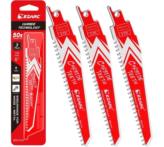 Изображение товара Полотно универсальное карбидное по металлу и дереву 6TPI 150 мм, 3 шт, для сабельной пилы Ezarc 8021C04