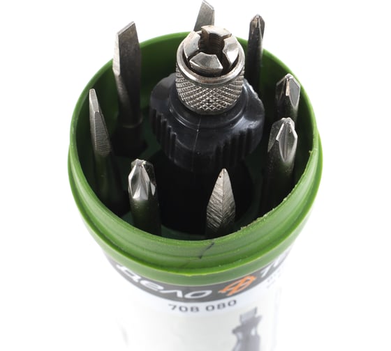 Изображение товара Цанговая отвертка Дело Техники с вставками 8 шт 110 мм Шлиц 6,5,3 мм, РН0, РН1,РН2, PZ2, шило "ДТ"70/5 708080