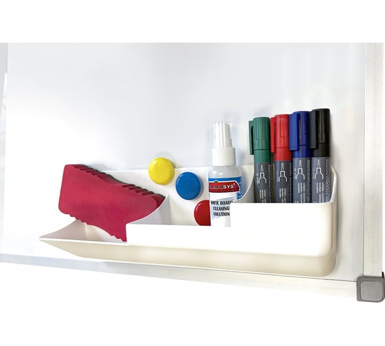 Изображение товара Набор аксессуаров для маркерной доски BoardSYS лоток-органайзер оранжевого цвета, маркер 4 штуки красный, зеленый, синий, черный, губка-стиратель, спрей магнит 4 шт Набор-3Фо