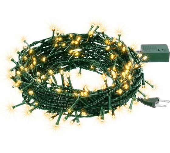 Изображение товара Электрогирлянда VEGAS Нить 200 теплых LED ламп, контроллер 8 режимов, зеленый провод 55068