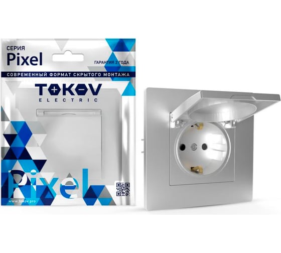 Изображение товара 1-местная розетка TOKOV ELECTRIC СП Pixel 16А, IP20, с заземлением, защитные шторки, с крышкой, механизм, алюминий TKE-PX-R1ZSW1-C03