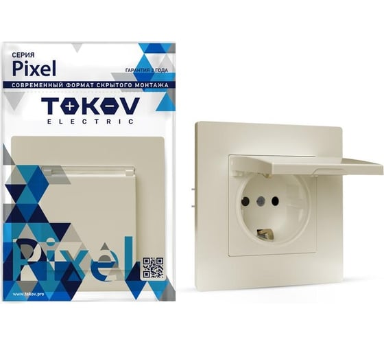 Изображение товара 1-местная розетка TOKOV ELECTRIC СП Pixel 16А, IP20, с заземлением, защитные шторки, с крышкой, механизм, бежевый TKE-PX-R1ZSW1-C02