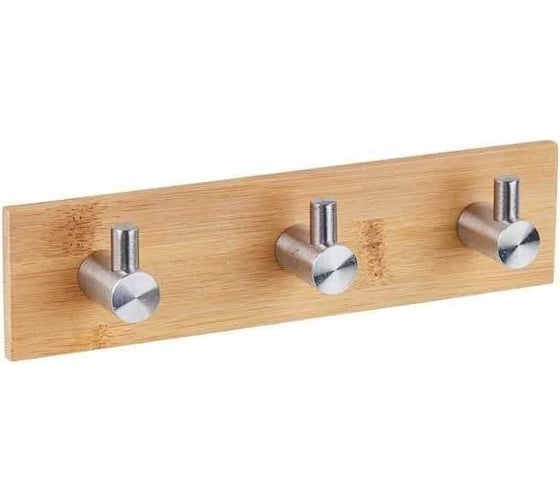 Изображение товара Планка самоклеящаяся 3 крючка PERFECTO LINEA PEGASUS нержавеющая сталь/бамбук, картонная упаковка 35-013000