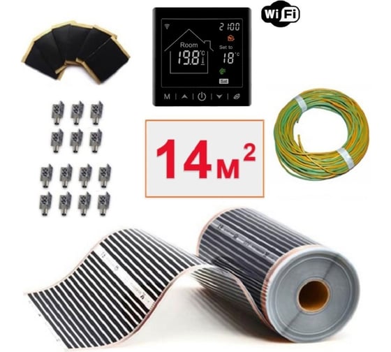 Изображение товара Плёночный электрический тёплый пол ТеплоСофт 14м.кв. с умным черным wi-fi терморегулятором плёнка 14м.кв./М2/черный