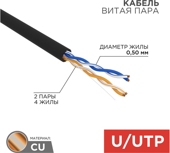 Изображение товара Кабель REXANT витая пара, UTP 2PR 24AWG, CAT5e, наружный, OUTDOOR, бухта 305м 01-0025