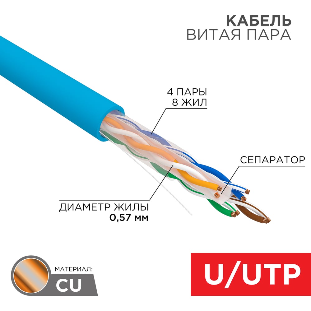 Изображение товара Кабель витая пара U/UTP CAT6 305 м синий REXANT