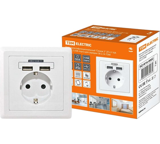 Изображение товара Мультифункциональный блок TDM ELECTRIC Сенеж 2 2П+3, 16А 250В + 2 USВ-порта 5В 2,1А, белый SQ1816-0002