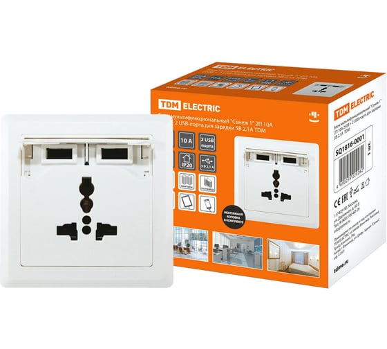 Изображение товара Мультифункциональный блок TDM ELECTRIC Сенеж 1, 2П 10А 250В+2 USВ-порта для зарядки 5В 2,1А, белый SQ1816-0001