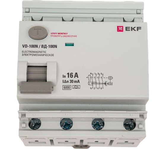 Изображение товара Выключатель дифференциального тока EKF ВД-100N 4P 16А 30мА тип A эл-мех 6кА PROXIMA E1046MA1630