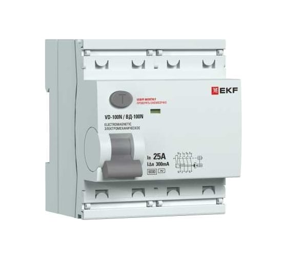 Изображение товара Выключатель дифференциального тока EKF ВД-100N 4P 25А 300мА A эл-мех 6кА PROXIMA E1046MA25300