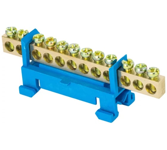 Изображение товара Нулевая шина EKF PROxima 0 N, 6х9мм, 12 отверстий, латунь, синий изолятор, тип Стойка, на DIN-рейку sn0-63-12-sb-r