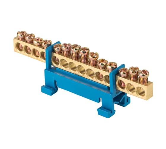 Изображение товара Нулевая шина EKF PROxima N, 6х9мм, 14 отверстий, латунь, синий изолятор, тип Стойка, на DIN-рейку sn0-63-14-sb