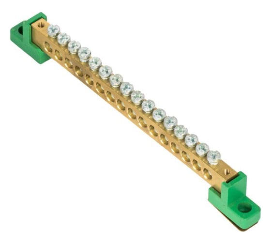 Изображение товара Нулевая шина EKF PROxima PE, 8x12мм, 14 отверстий, латунь, 2 зелёных угловых изолятора sn0-125-14-2-pe