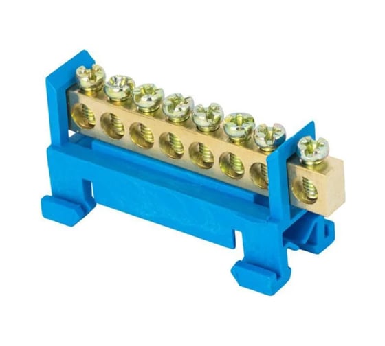 Изображение товара Нулевая шина EKF PROxima N, 6х9мм, 8 отверстий, латунь, синий изолятор, тип Стойка, на DIN-рейку, 20 шт sn0-63-8-sb