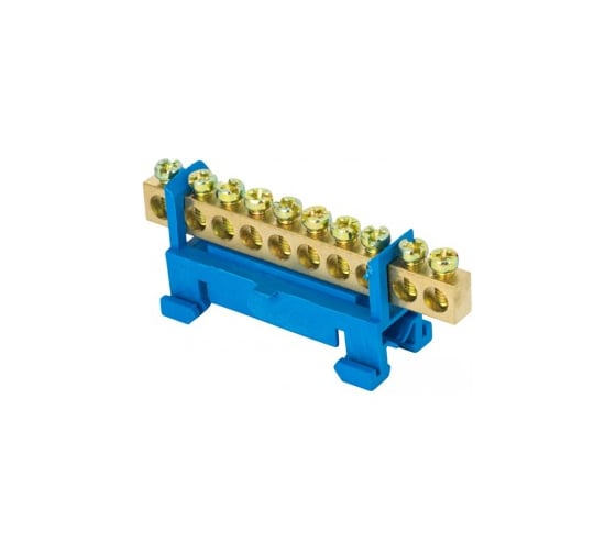 Изображение товара Нулевая шина EKF N, 6х9мм, 10 отверстий, латунь, синий изолятор, тип Стойка, на DIN-рейку, коробка (20 шт) PROxima sn0-63-10-sb