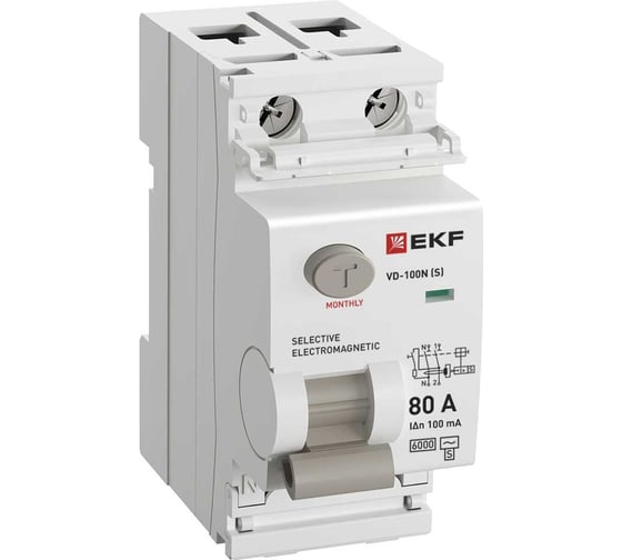 Изображение товара Выключатель дифференциального тока EKF ВД-100N (S) 2P 80А 100мА тип AC эл-мех 6кА PROXIMA E1026MS80100