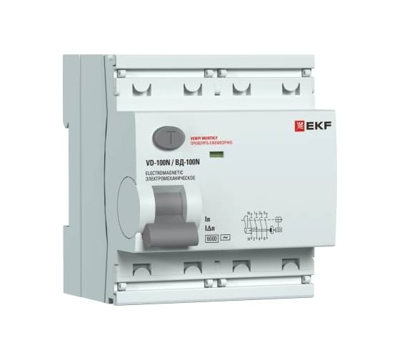 Изображение товара Выключатель дифференциального тока EKF ВД-100N (S) 4P 63А 100мА тип AC эл-мех 6кА PROXIMA E1046MS63100