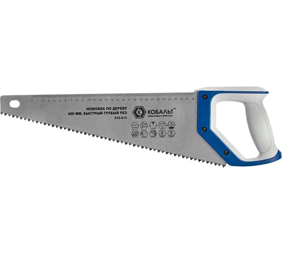 Изображение товара Ножовка по дереву КОБАЛЬТ 400 мм, шаг 7,5 мм / 3,5 TPI, закаленный зуб, 2D-заточка, быстрый грубый рез, 2-х комп. рукоятка 916-615