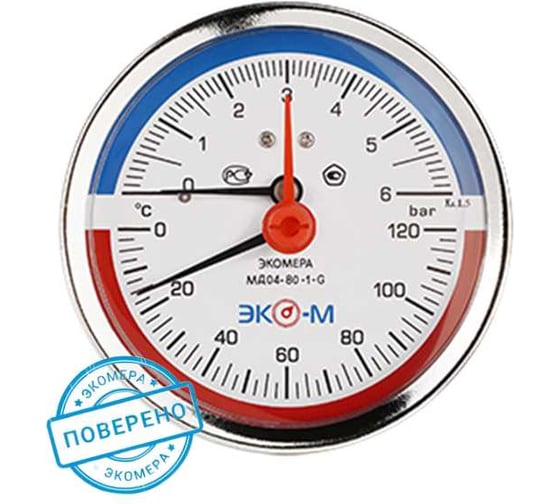 Изображение товара Термоманометр Экомера ЭКО-М МД04-80мм 0..6бар, 0..120С, G1/4 с переходником на G1/2, осевой МД04-80-G-6-120-ОИ