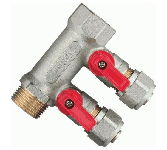 Изображение товара Коллектор для металлопластиковой трубы Terma 3/4"в/н с 2-мя шаровыми кранами, конус 16 мм(1/2") (14001) 35991