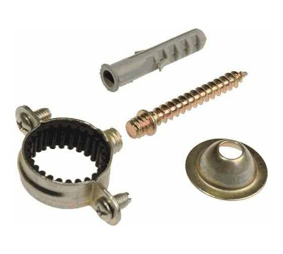 Изображение товара Хомут оцинкованный Terma 20 мм, с резиновым уплотнителем, с шурупом, дюбелем, дек. чашкой, 10 шт. 24096 28756