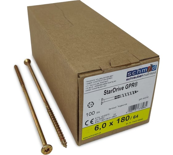 Изображение товара Шурупы Simpson Schmid StarDrive GPR 6.0x180/64 SK, TX30, желтый цинк, потайной, 100 шт. 5834740601800001