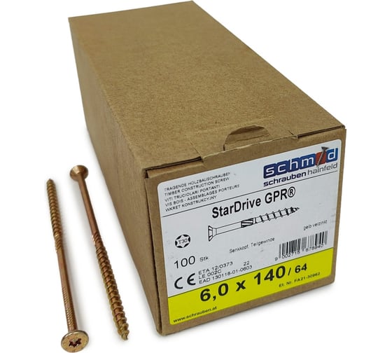 Изображение товара Шурупы Simpson Schmid StarDrive GPR 6.0x140/64 SK, TX30, желтый цинк, потайной, 100 шт. 5834740601400001