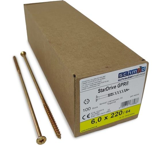 Изображение товара Шурупы Simpson Schmid StarDrive GPR 6.0x220/64 SK, TX30, желтый цинк, потайной, 100 шт. 5834740602200001