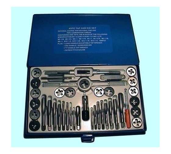 Изображение товара Вороток, плашкодержатель и по 17 метчиков и плашек CNIC М3-М12 в металлической коробке, 40 позиций 23434