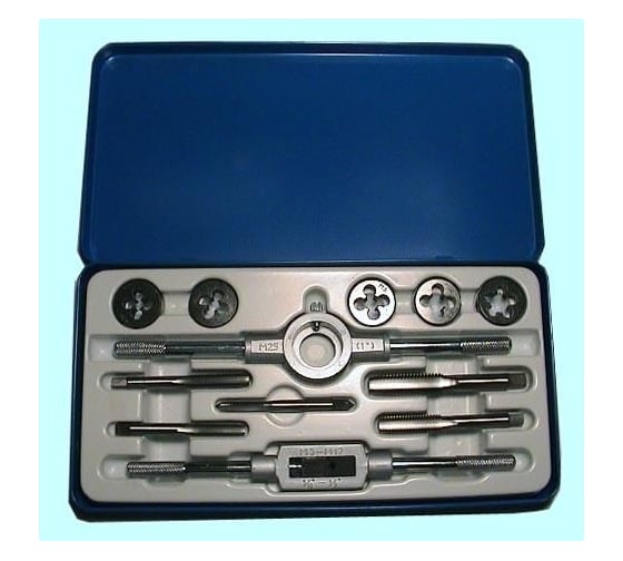 Изображение товара Вороток, плашкодержатель и по 5 метчиков и плашек CNIC М6-М12 в металлической коробке, 12 позиций 23433