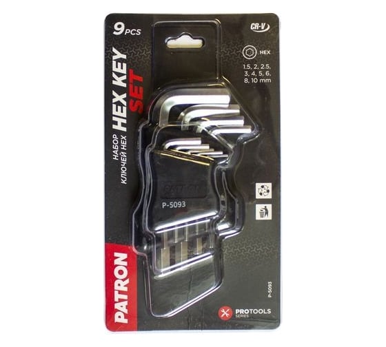 Изображение товара Набор шестигранных Г-образных ключей PATRON 1.5, 2, 2.5, 3, 4, 5, 6, 8, 10 мм, 9 предметов в пластиковом держателе P-5093(47381)