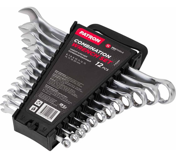 Изображение товара Набор комбинированных ключей PATRON 6, 7, 8, 9, 10, 11, 12, 13, 14, 17, 19, 22 мм, 12 предметов в пластиковом держателе P-5122MP(47409)