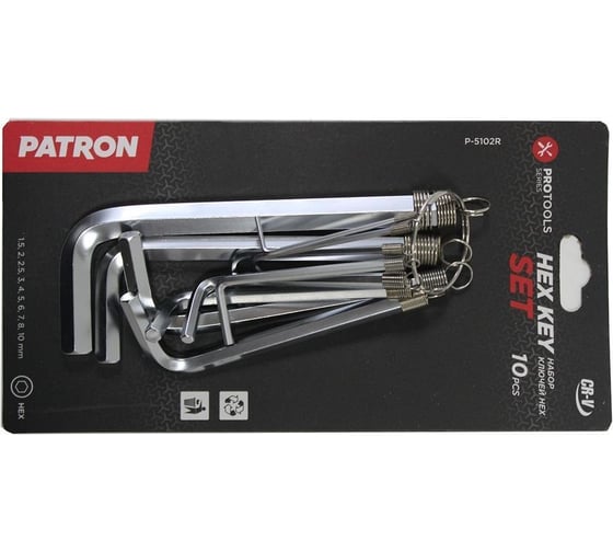Изображение товара Набор шестигранных Г-образных ключей PATRON 1.5, 2, 2.5, 3, 4, 5, 6, 7, 8, 10 мм, 10 предметов P-5102R(47400)