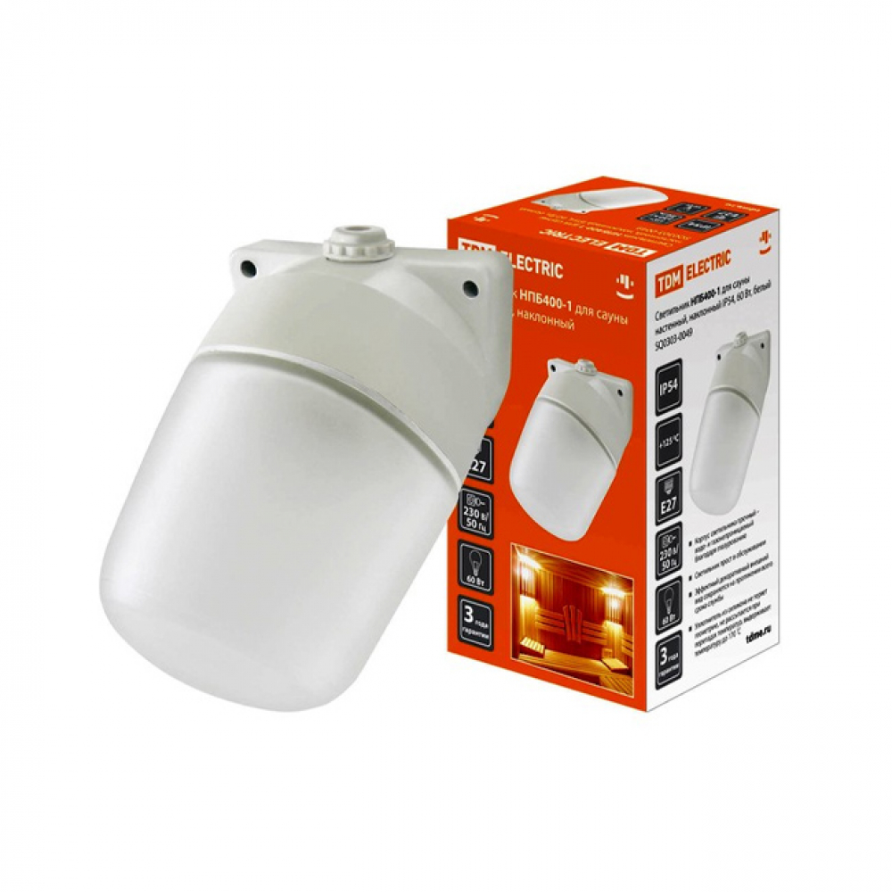 фото Настенный светильник для сауны tdm нпб400-1, ip54, 60 вт, белый, наклонный sq0303-0049