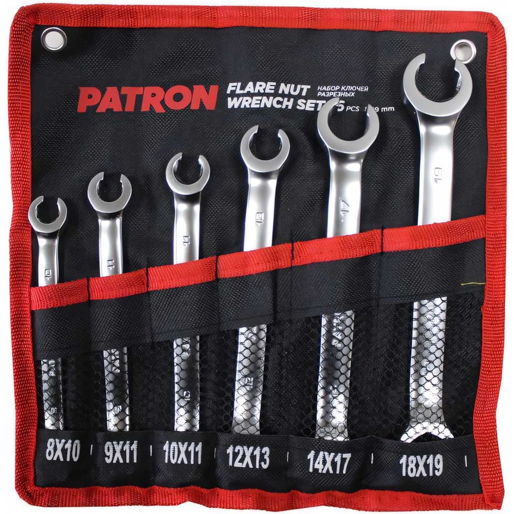 Изображение товара Набор разрезных ключей PATRON 8x10, 9x11, 10x11, 12x13, 14x17, 18x19 мм, 6 предметов на полотне P-5066P(47395)