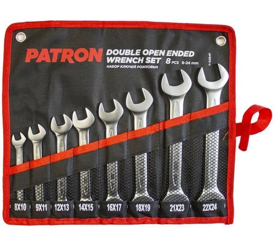 Изображение товара Набор рожковых ключей PATRON 8x10, 9x11, 12x13, 14x15, 16x17, 18x19, 21x23, 22x24 мм, 8 предметов на полотне P-5084P(47386)