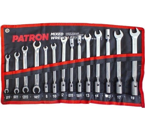 Изображение товара Набор ключей PATRON рожково-торцевые шарнирные 7 пр. 8, 10, 12, 13, 14, 17, 19 мм, торцевые шарнирные 3 пр. 8x10, 10x11, 12x13 мм, разрезные, 14 предметов на полотне P-5145R(47414)