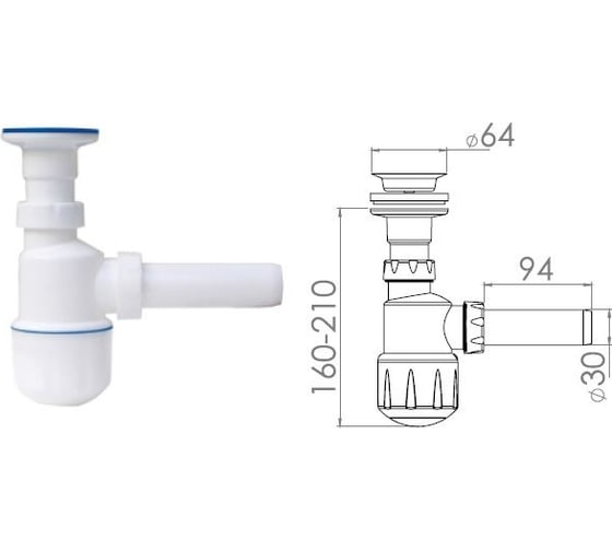 Изображение товара Сифон для умывальника AV Engineering, выпуск 64мм, с отводом 32мм, AVE129749