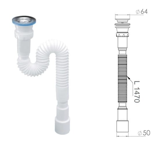 Изображение товара Сифон гофрированный удлинённый AV Engineering, 1 1/2x40/50, выпуск 64мм, AVE129782