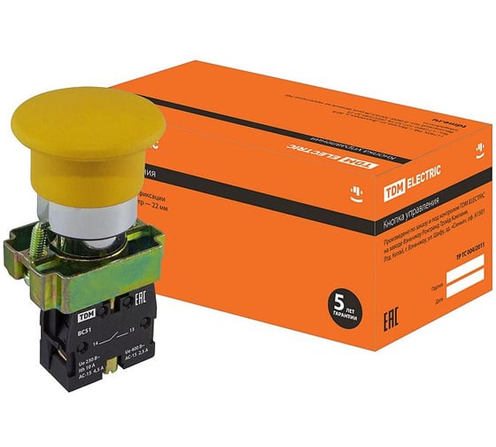Изображение товара Кнопка TDM ELECTRIC BС51 Грибок, без подсветки, желтый, 1з SQ0704-0045