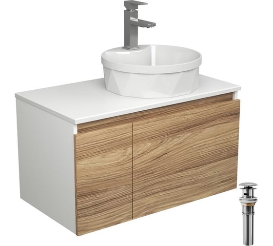 Изображение товара Комплект для ванной Bauedge 4 предмета (Тумба подвесная Bau Blackwood 80 + Раковина BAU D40, с отв. под см-ль, Смеситель Hotel Still, нерж. сталь, выпуск) BD2582