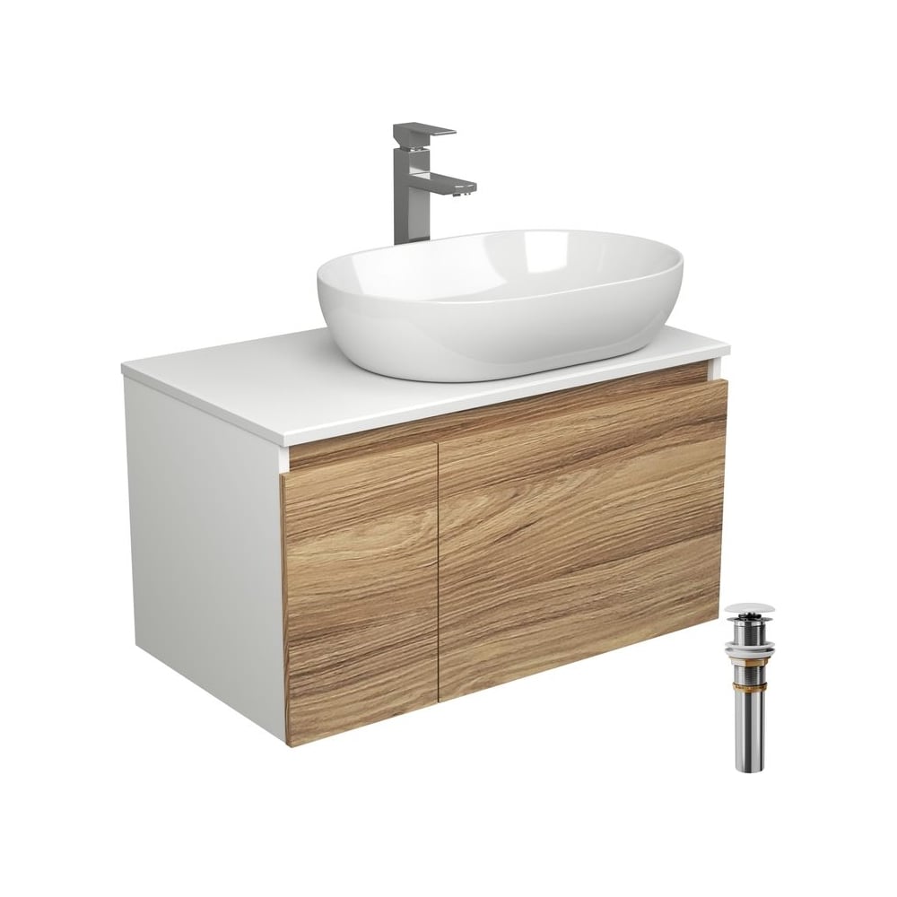 Комплект для ванной Bauedge 4 предмета (Тумба подвесная Bau Blackwood 80 + Раковина BAU 59x40 + Смеситель высокий Hotel Still, нерж. сталь, выпуск белый) BD2572