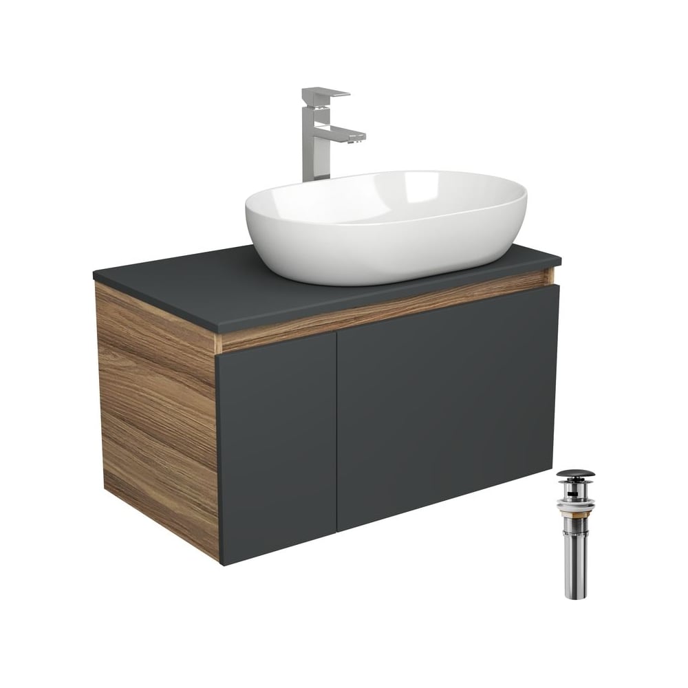 Комплект для ванной Bauedge 4 предмета (Тумба подвесная Bau Blackwood 80 графит + Раковина BAU 59x40 + Смеситель Hotel Still, нерж. сталь, выпуск черный) BD2734