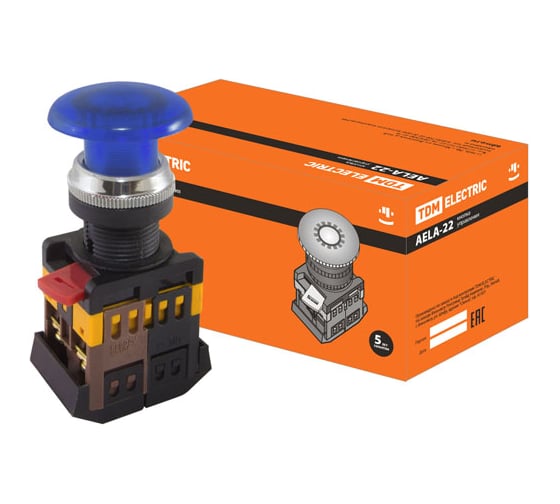 Изображение товара Кнопка TDM ELECTRIC AELA-22 Грибок, синий, d22мм, неон/230В, 1з 1р SQ0704-0035