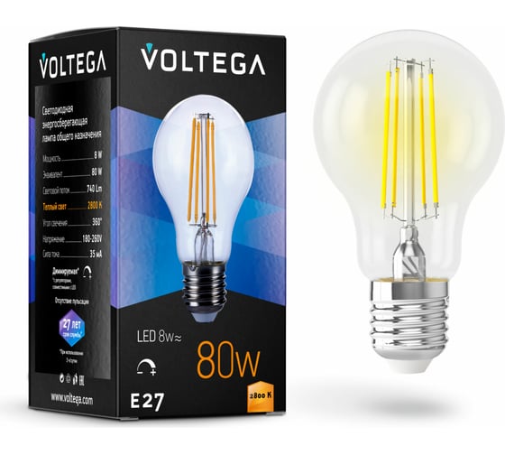 Изображение товара Лампа светодиодная ЛОН диммируемый VOLTEGA, Е27 2800К 8W 5489