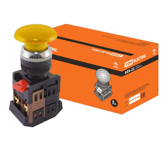 Изображение товара Кнопка TDM ELECTRIC AEА-22, Грибок, желтый, d22мм, 1з 1р SQ0704-0036