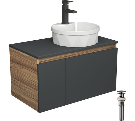 Изображение товара Комплект для ванной Bauedge 4 предмета (Тумба подвесная Bau Blackwood 80 графит + Раковина BAU D40, с отв. под см-ль + Смеситель Hotel Black, выпуск черный) BD2748