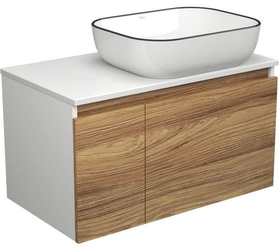 Изображение товара Тумба с раковиной Bauedge (тумба подвесная под раковину Bau Dream Blackwood 80 + раковина санфаянс накладная BAU Stil Black Rand 50x40, белая) BD1759